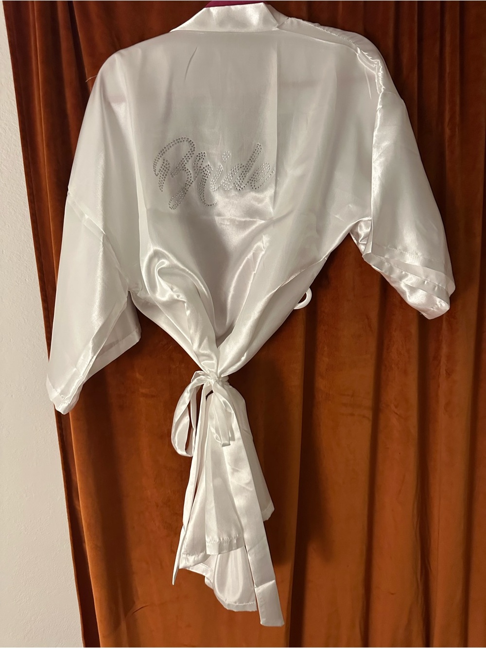 Bride Satin Robe in White with Rhinestone Script size medium